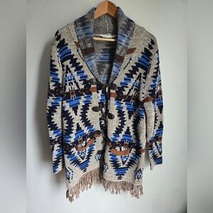 Boho Aztec Shawl Collar Cardigan Sweater in Beige and Blue
